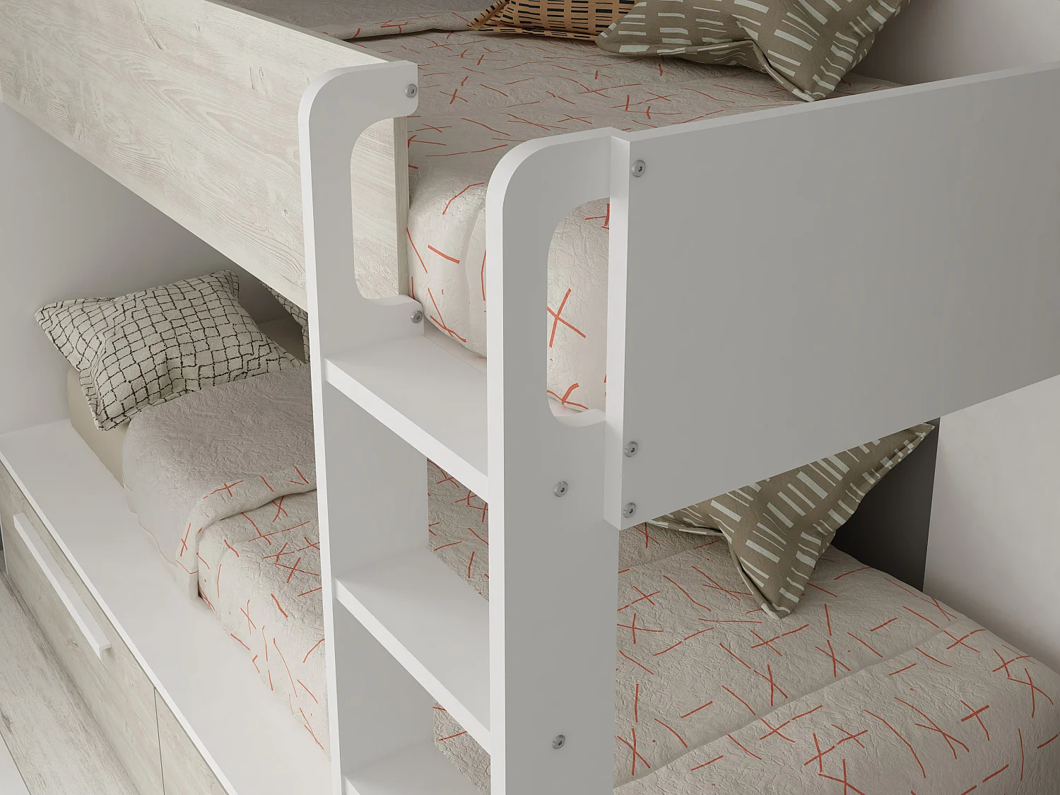 Stapelbed - 2 x 90 x 200 cm - 2 lades - Wit en houtlook - TINOLI