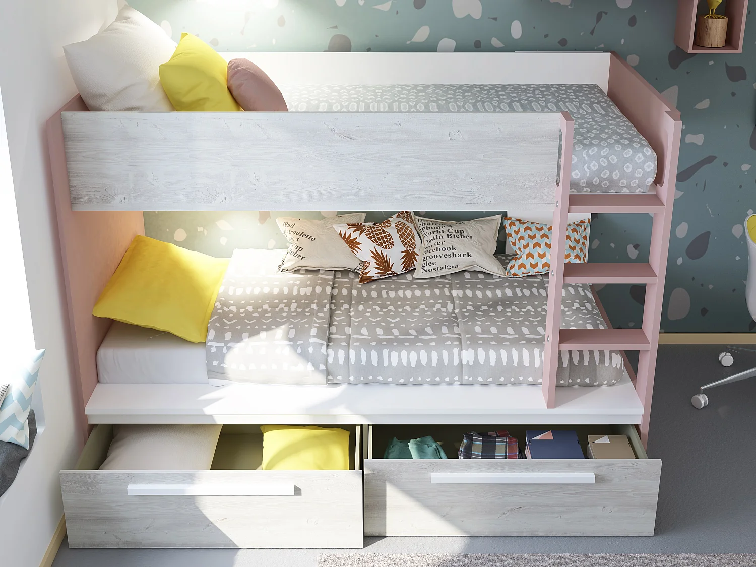 Lits superposés 2 x 90 x 200 cm - 2 tiroirs - Rose, naturel et blanc - TINOLI