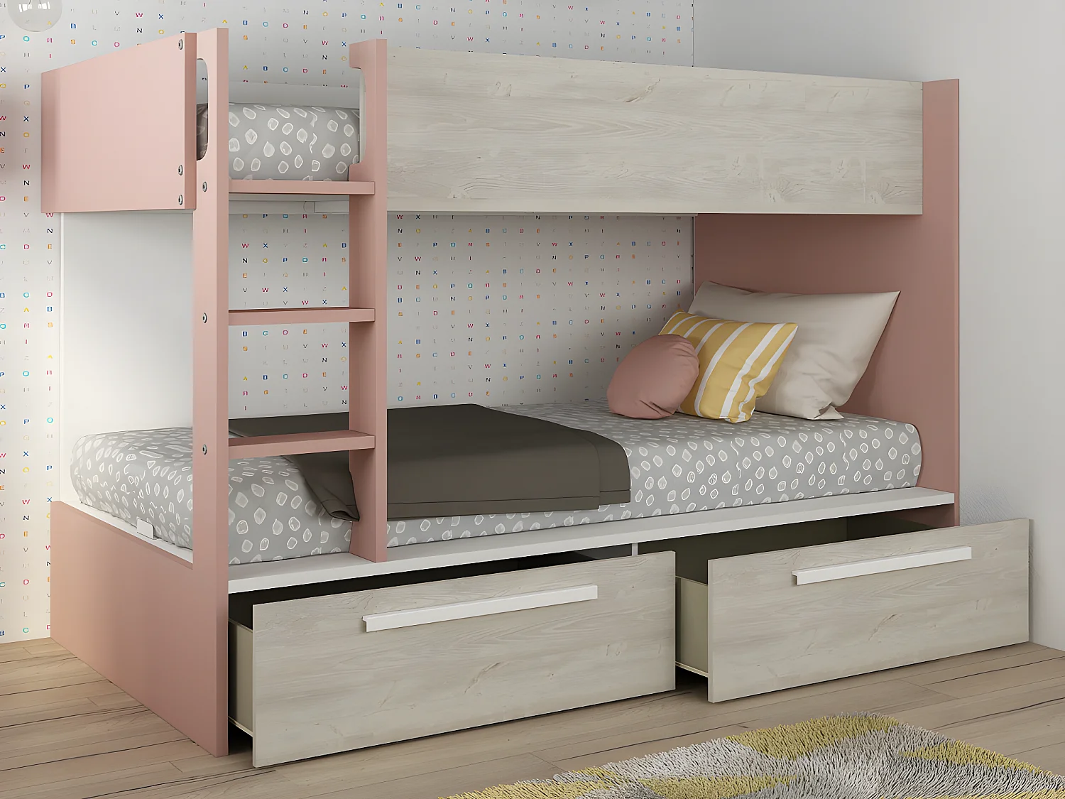 Letto a castello 2 cassetti 2 x 90 x 200 cm Rosa, Naturale e Bianco - TINOLI