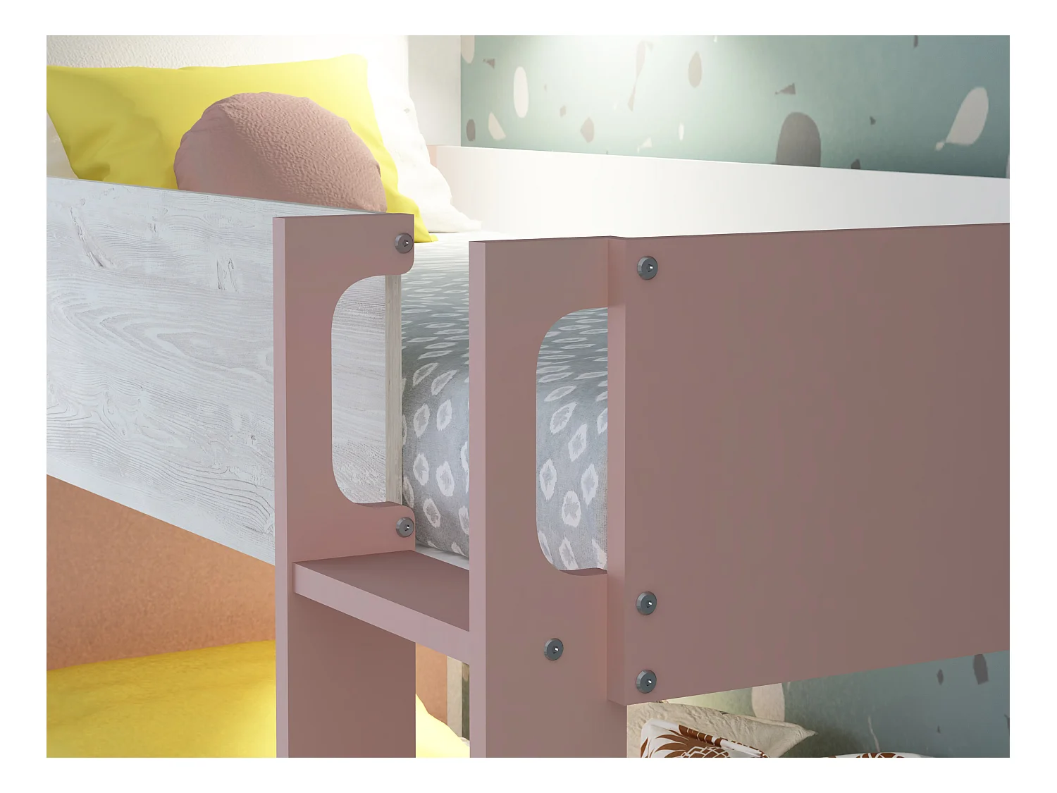 Lits superposés 2 x 90 x 200 cm - 2 tiroirs - Rose, naturel et blanc - TINOLI
