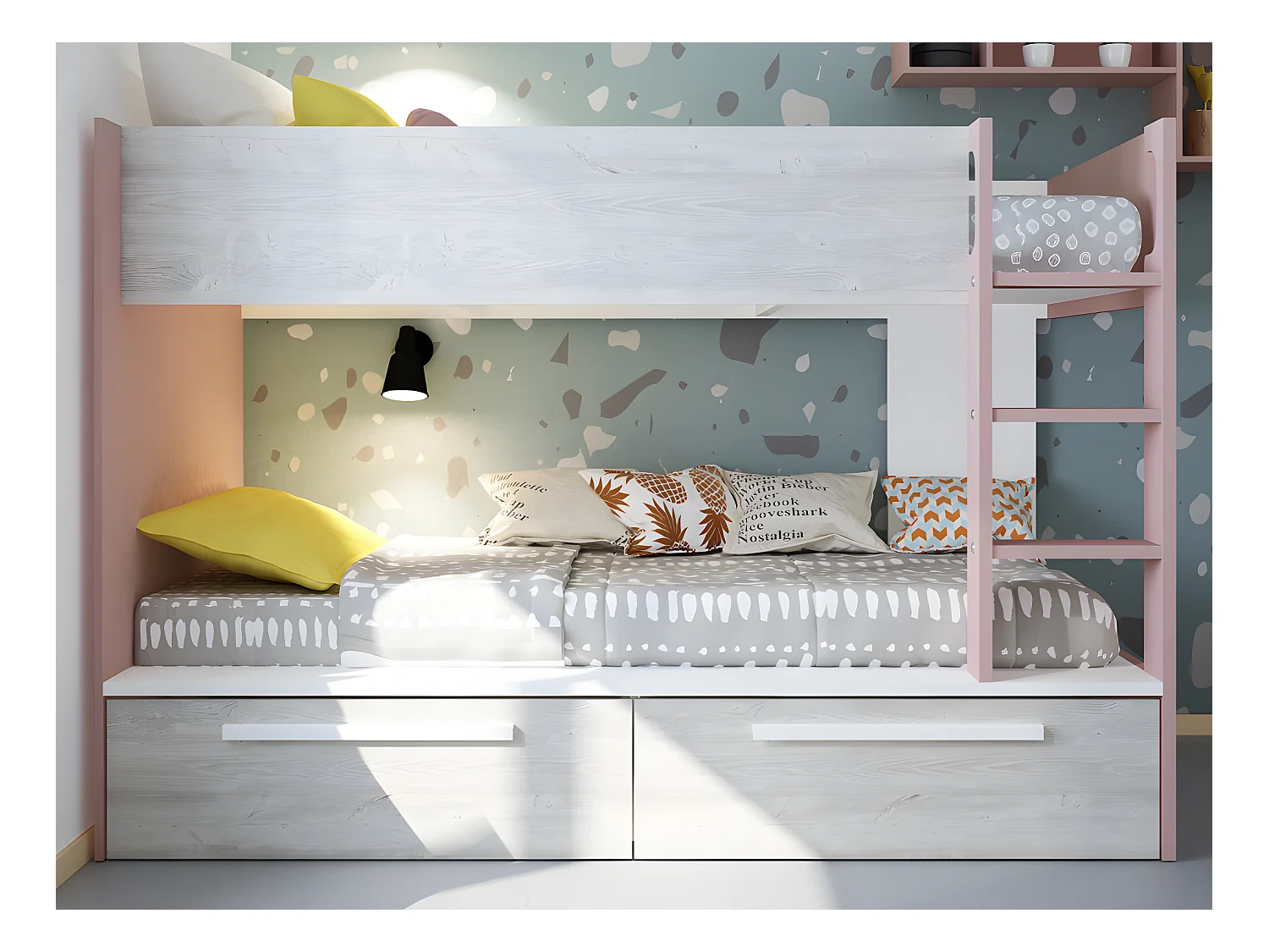 Lits superposés 2 x 90 x 200 cm - 2 tiroirs - Rose, naturel et blanc - TINOLI