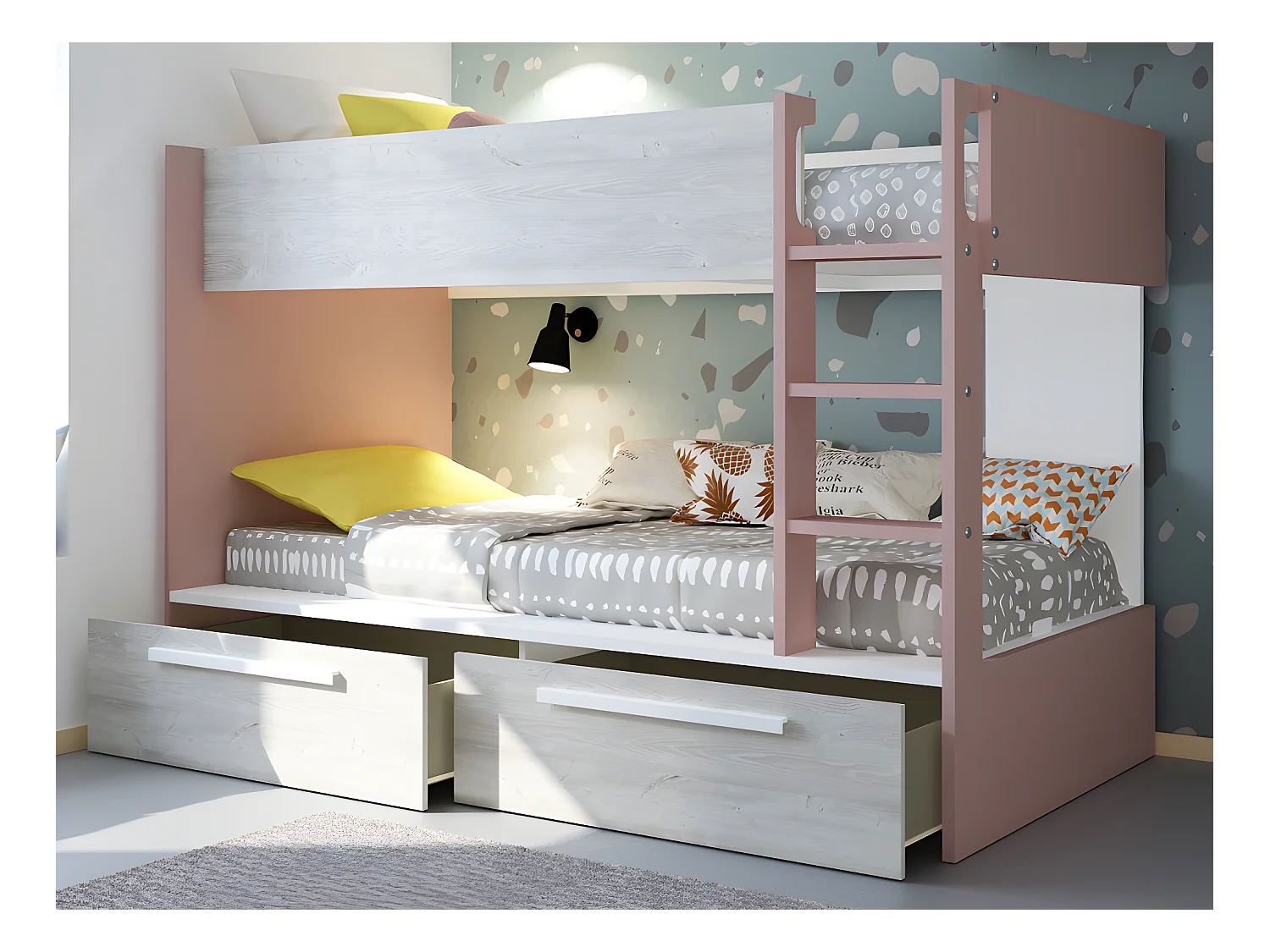 Lits superposés 2 x 90 x 200 cm - 2 tiroirs - Rose, naturel et blanc - TINOLI