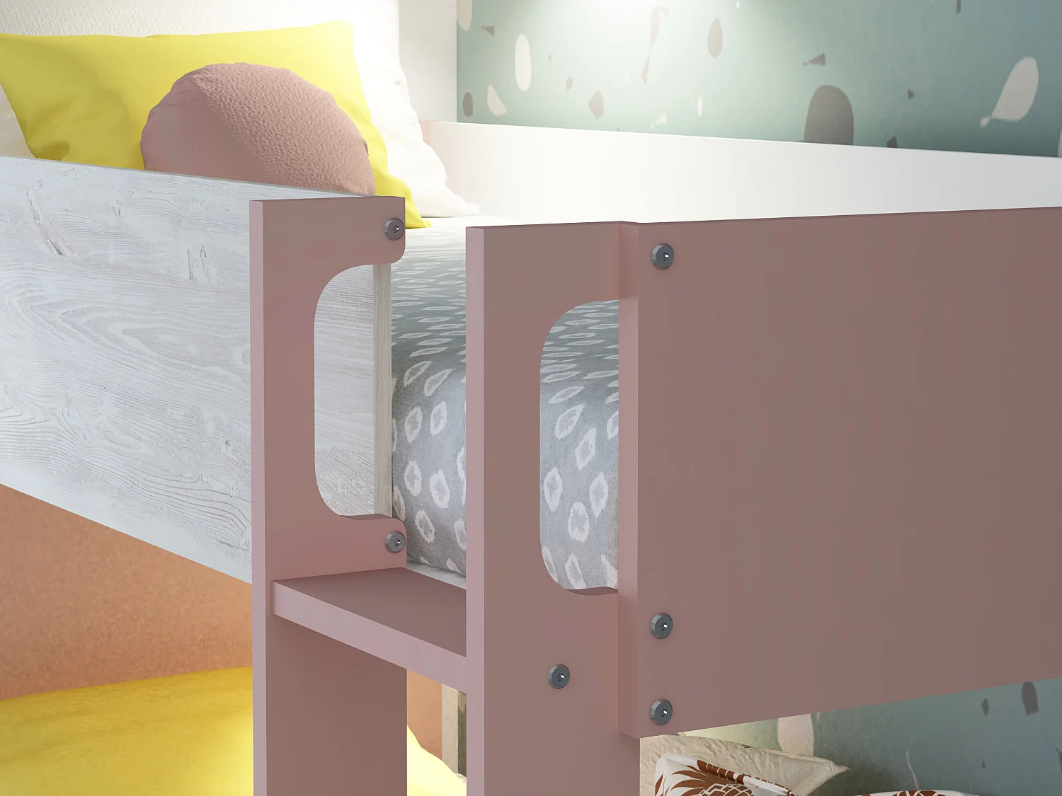 Lits superposés 2 x 90 x 200 cm - 2 tiroirs - Rose, naturel et blanc - TINOLI