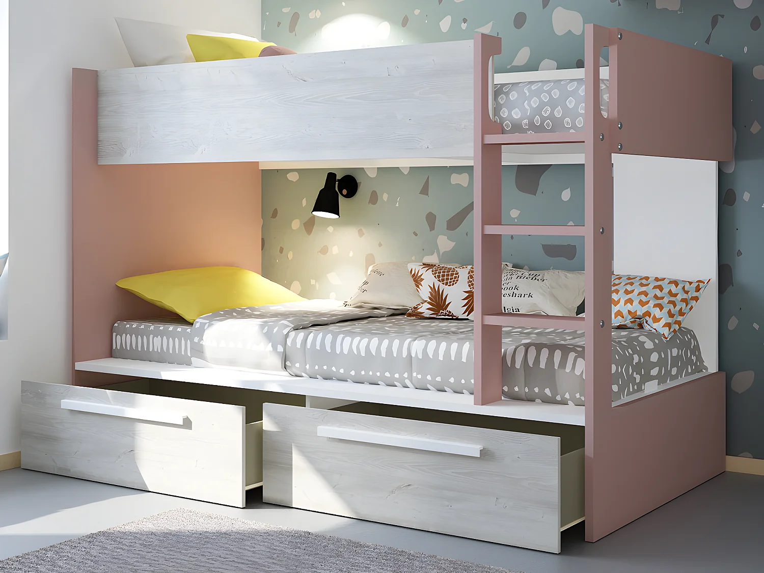 Lits superposés 2 x 90 x 200 cm - 2 tiroirs - Rose, naturel et blanc - TINOLI