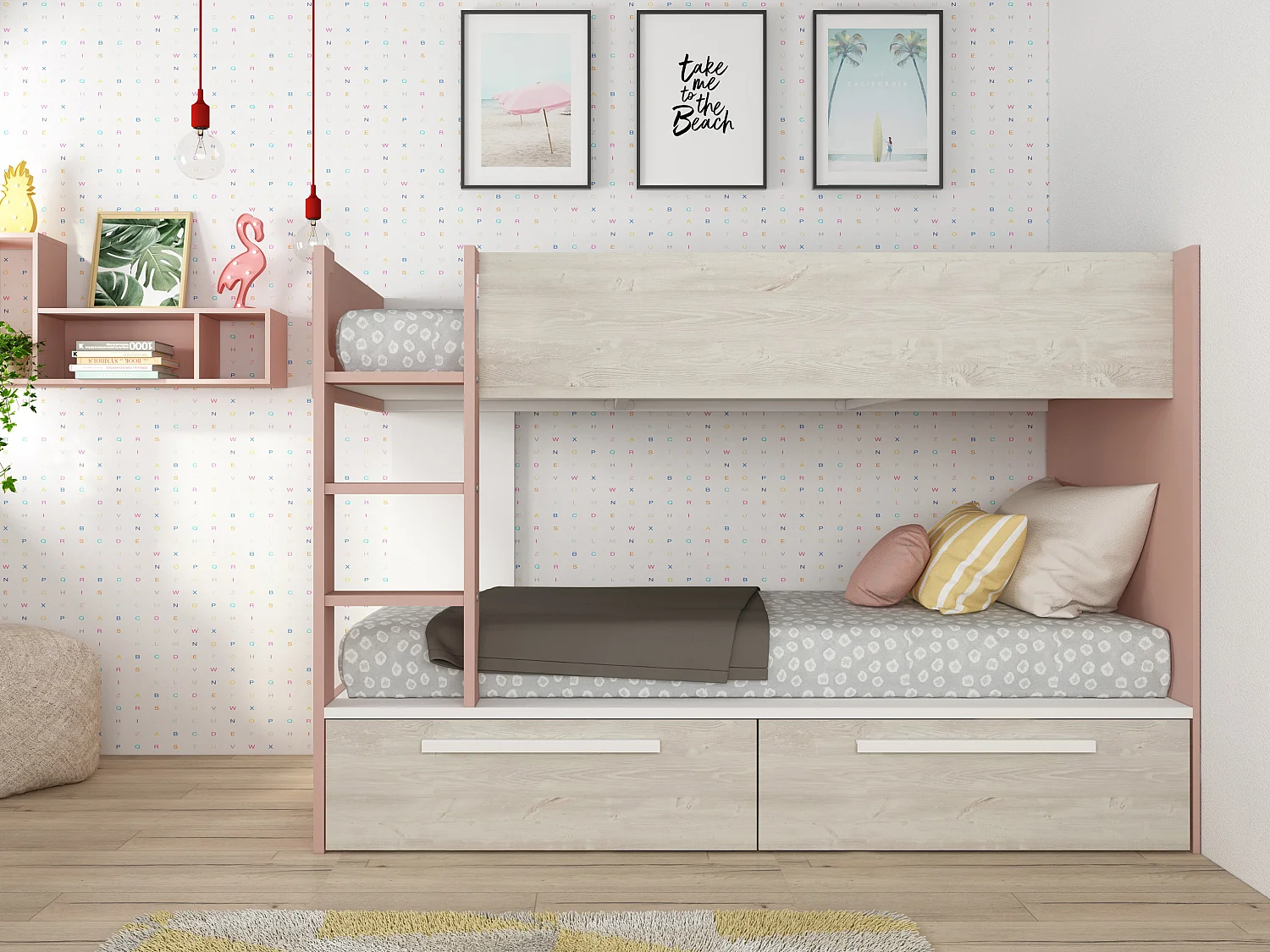 Lits superposés 2 x 90 x 200 cm - 2 tiroirs - Rose, naturel et blanc - TINOLI