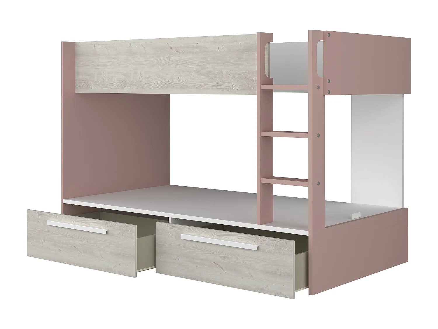 Lits superposés 2 x 90 x 200 cm - 2 tiroirs - Rose, naturel et blanc - TINOLI