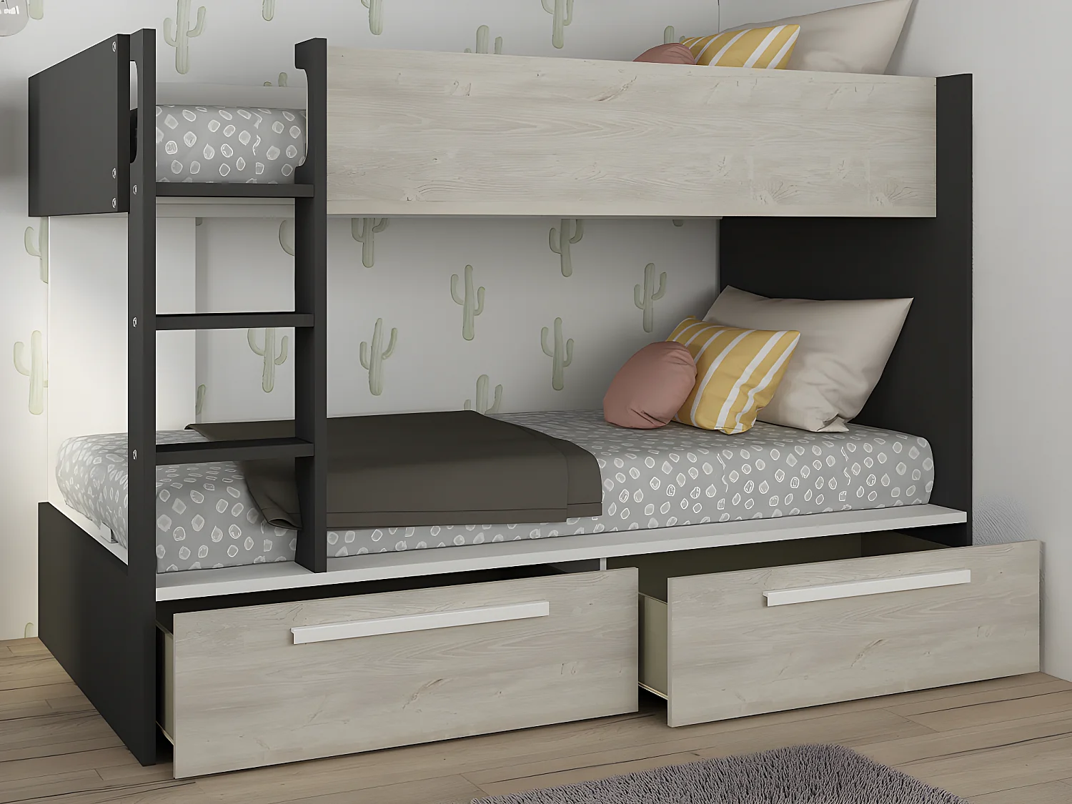 Lits superposés 2 x 90 x 200 cm - 2 tiroirs - Anthracite, naturel et blanc - TINOLI