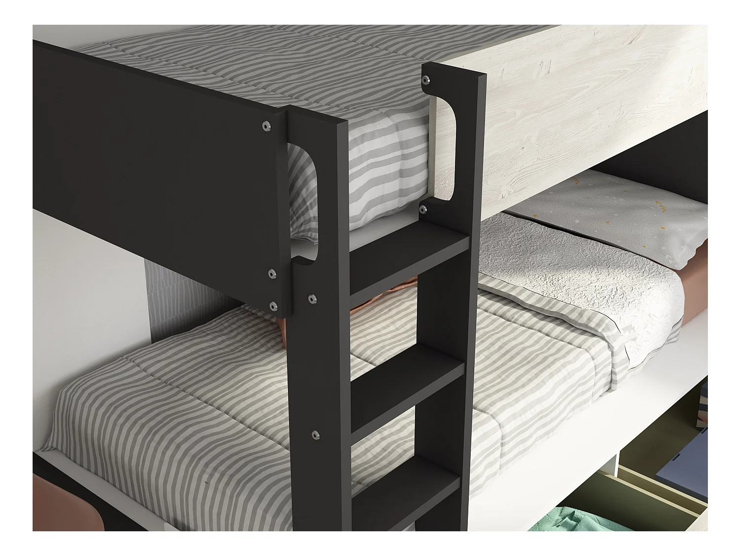 Lits superposés 2 x 90 x 200 cm - 2 tiroirs - Anthracite, naturel et blanc - TINOLI
