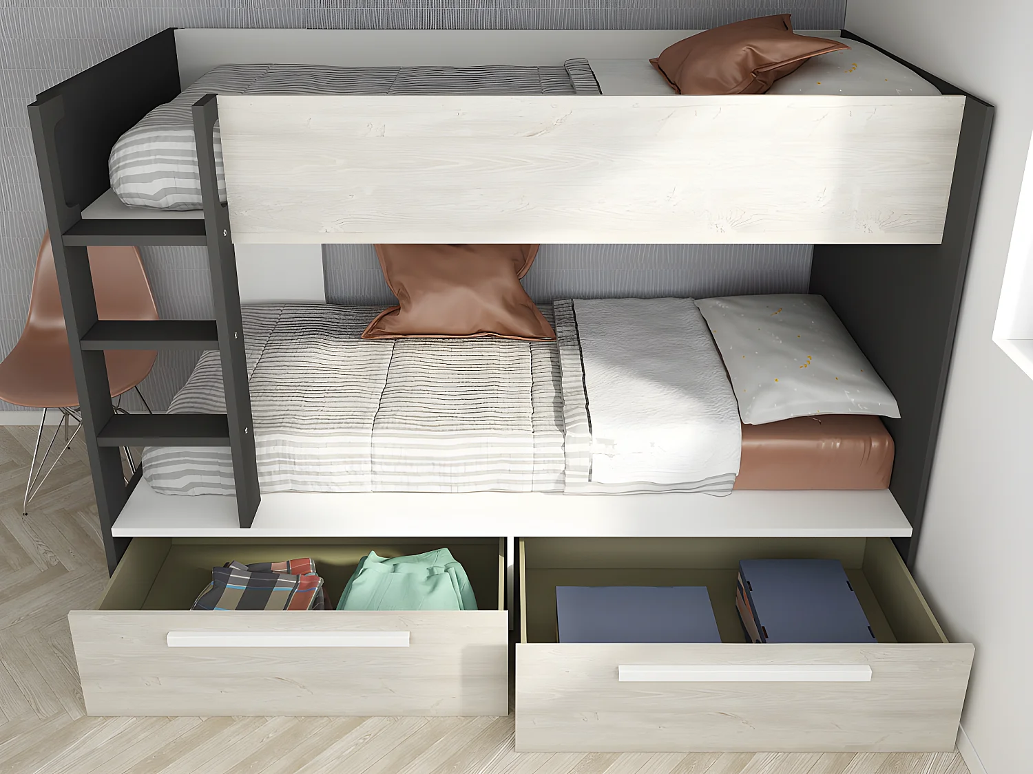 Stapelbed - 2 x 90 x 200 cm - 2 lades - Antraciet, houtlook en wit - TINOLI