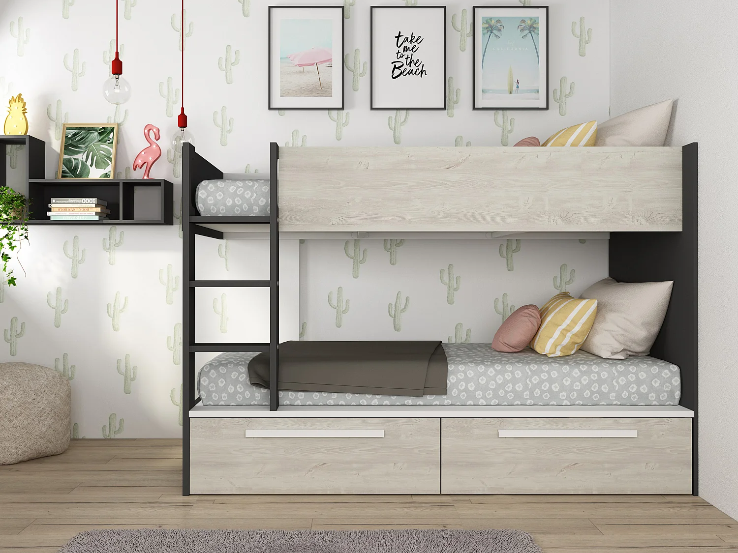 Stapelbed - 2 x 90 x 200 cm - 2 lades - Antraciet, houtlook en wit - TINOLI