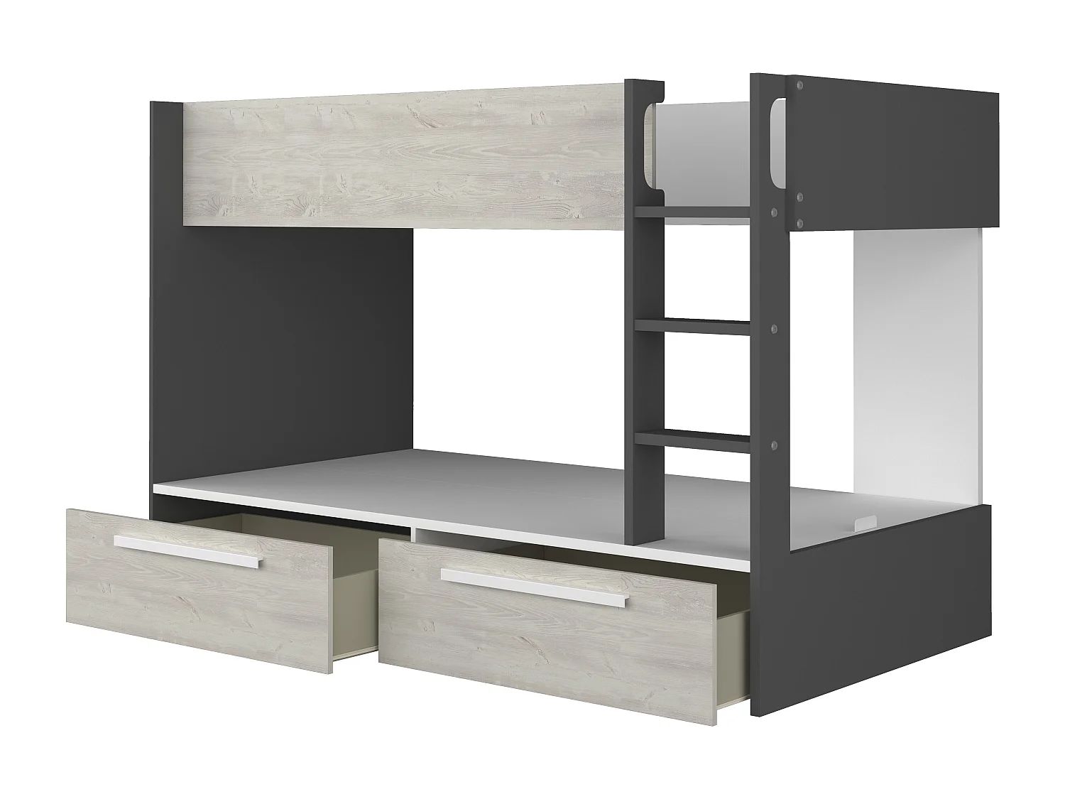 Stapelbed - 2 x 90 x 200 cm - 2 lades - Antraciet, houtlook en wit - TINOLI