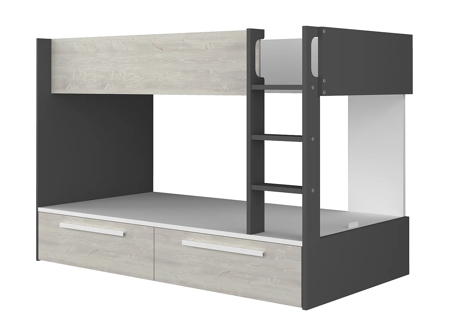Stapelbed - 2 x 90 x 200 cm - 2 lades - Antraciet, houtlook en wit - TINOLI