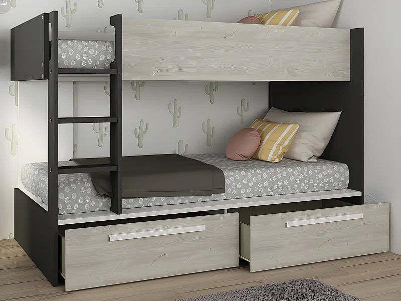 Stapelbed - 2 x 90 x 200 cm - 2 lades - Antraciet, houtlook en wit - TINOLI