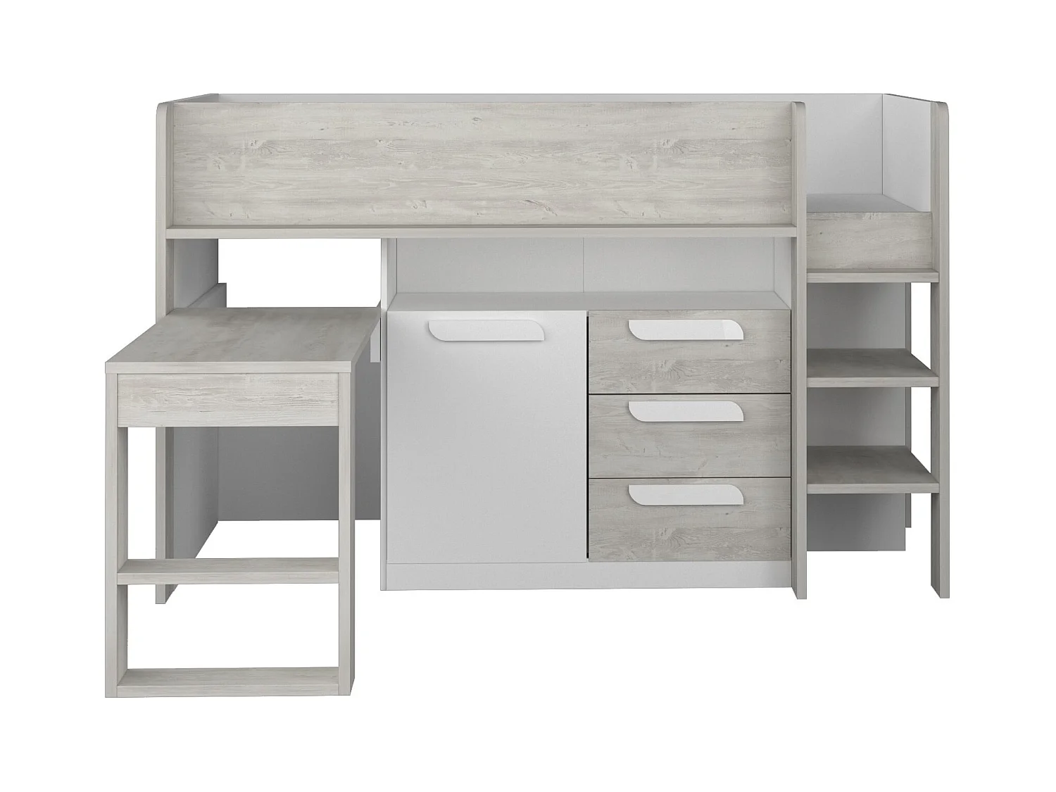 Hochbett mit Schreibtisch & Stauraum - 90 x 200 cm - Naturfarben & Weiß - LOUKALA