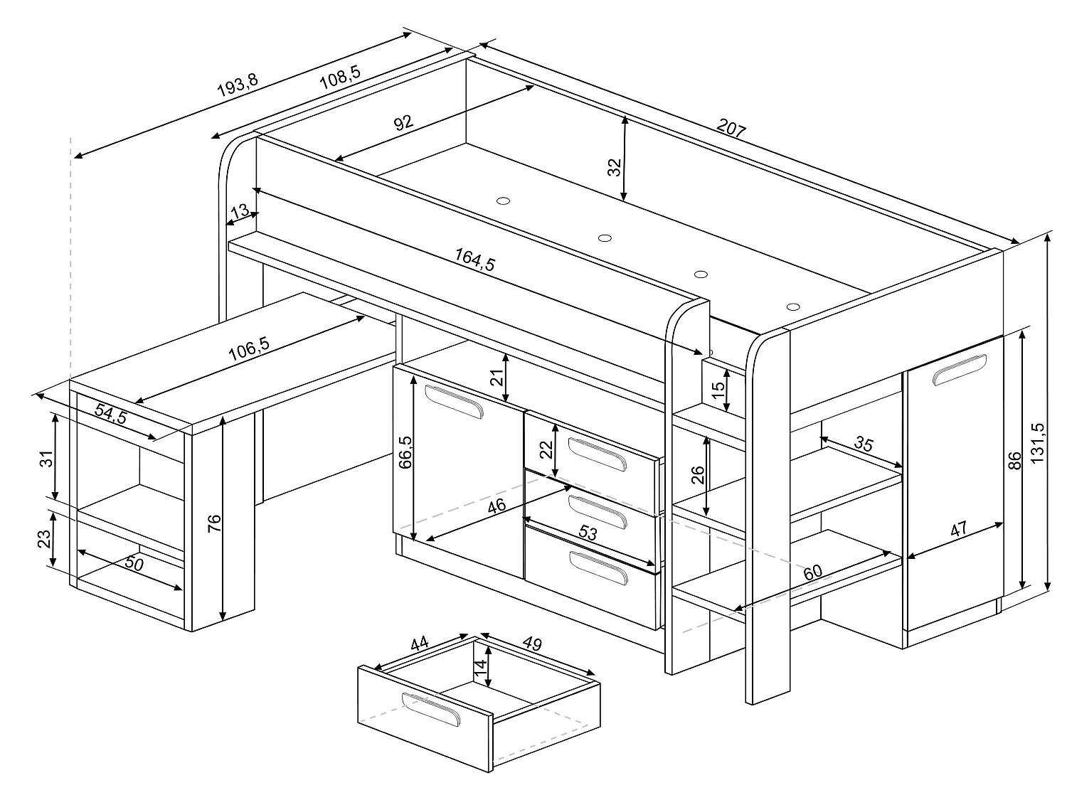 Hochbett mit Schreibtisch & Stauraum - 90 x 200 cm - Naturfarben & Weiß - LOUKALA
