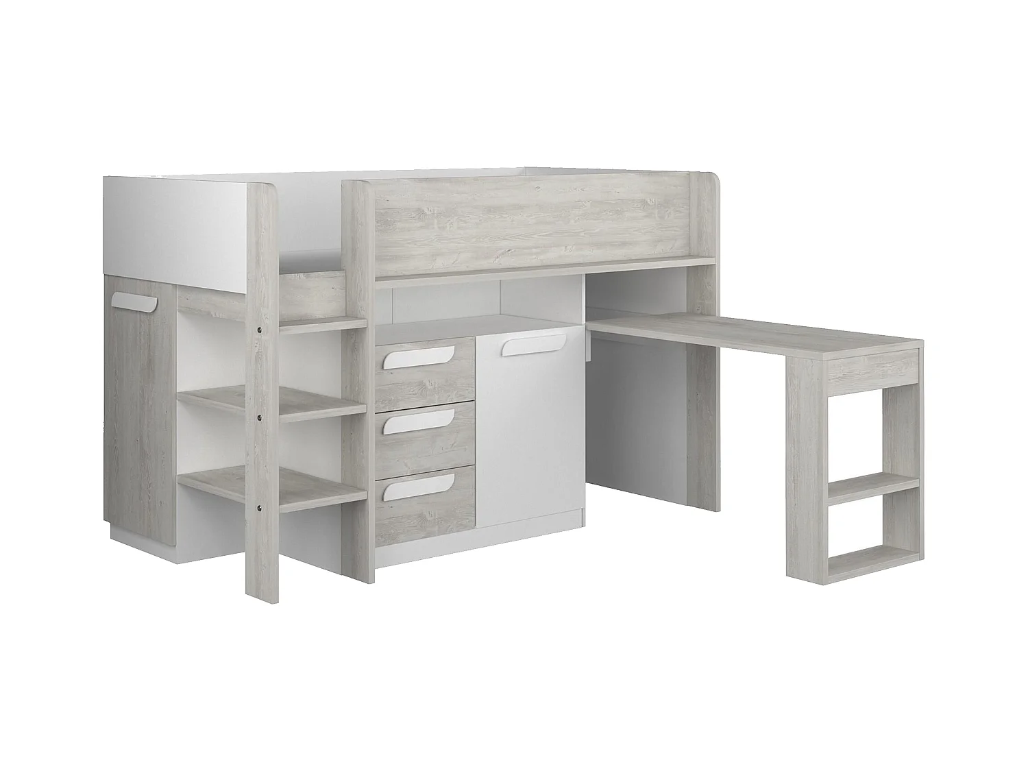 Combinatiebed - 90 x 200 cm - Met bureau en opbergruimte - Wit en houtlook - LOUKALA