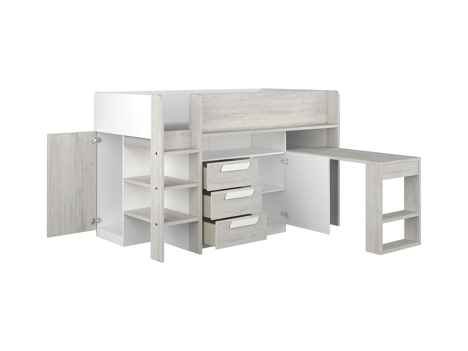 Combinatiebed - 90 x 200 cm - Met bureau en opbergruimte - Wit en houtlook - LOUKALA