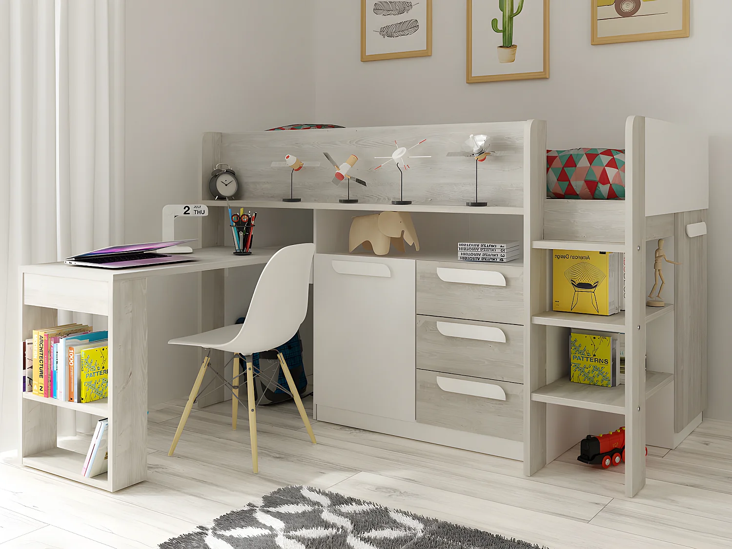 Cama combinada 90 x 200 cm com secretária e espaços de arrumação branco e natural - LOUKALA