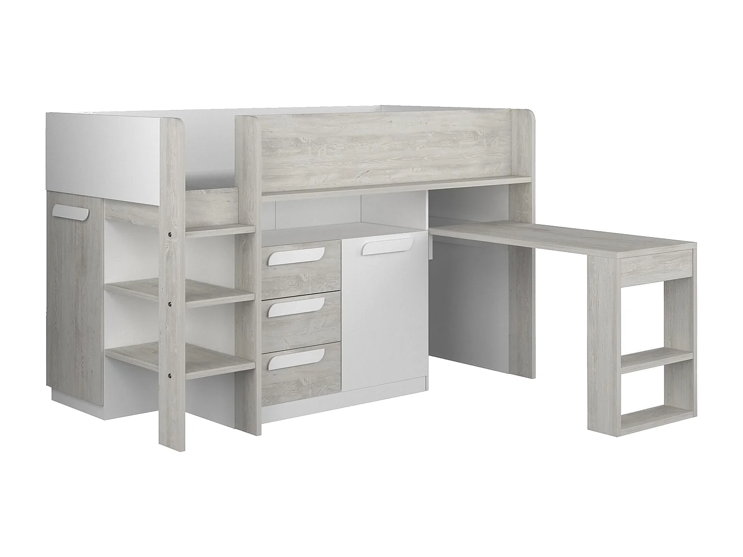 Cama combinada 90 x 200 cm com secretária e espaços de arrumação branco e natural - LOUKALA