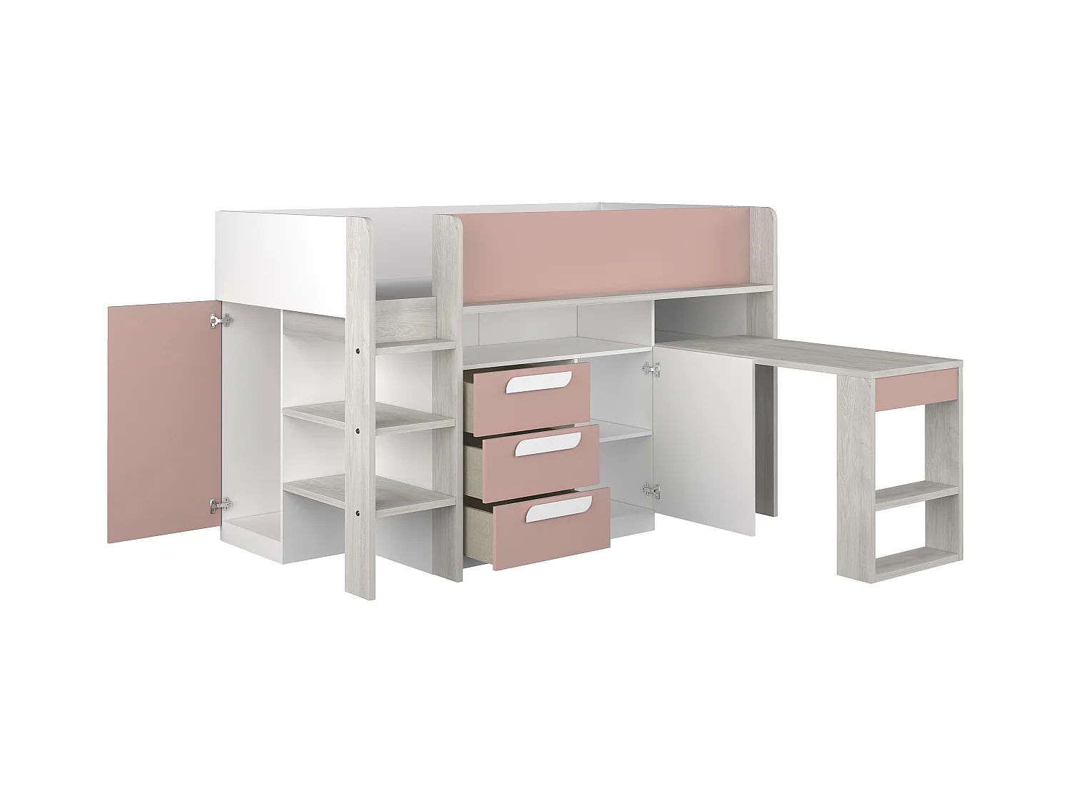 Hochbett mit Schreibtisch & Stauraum - 90 x 200 cm - Rosa, Naturfarben & Weiß - LOUKALA