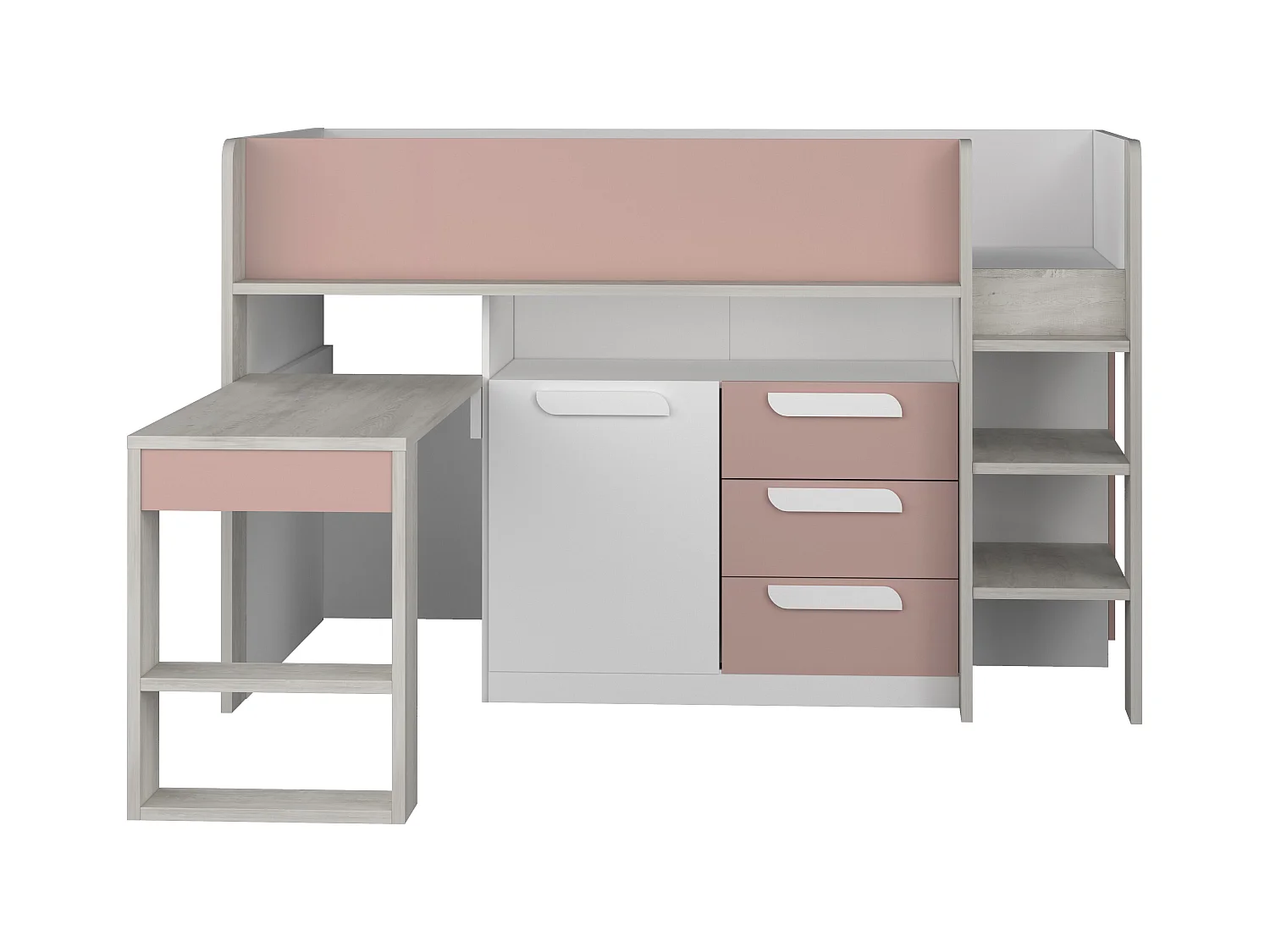 Hochbett mit Schreibtisch & Stauraum - 90 x 200 cm - Rosa, Naturfarben & Weiß - LOUKALA