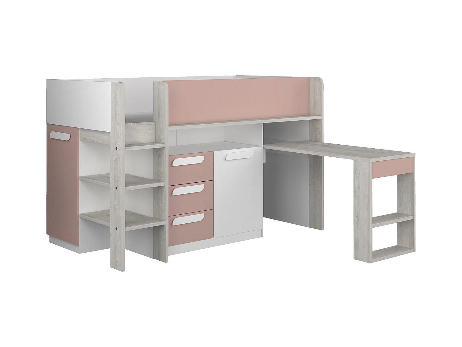 Hochbett mit Schreibtisch & Stauraum - 90 x 200 cm - Rosa, Naturfarben & Weiß - LOUKALA