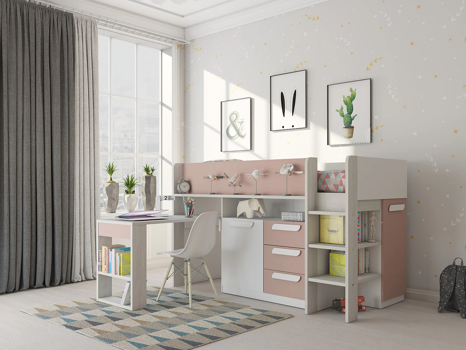 Hochbett mit Schreibtisch & Stauraum - 90 x 200 cm - Rosa, Naturfarben & Weiß - LOUKALA