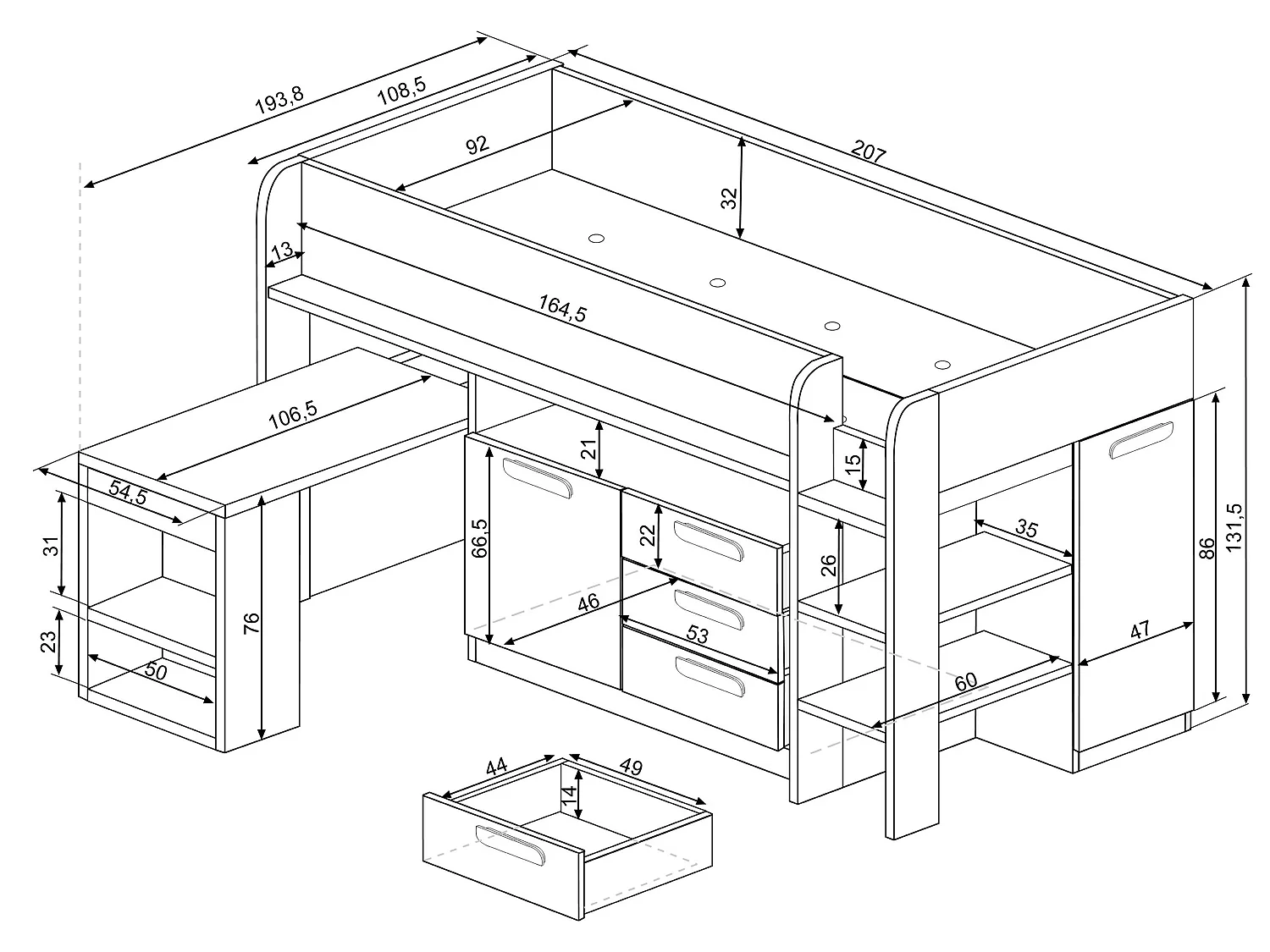 Hochbett mit Schreibtisch & Stauraum - 90 x 200 cm - Rosa, Naturfarben & Weiß - LOUKALA