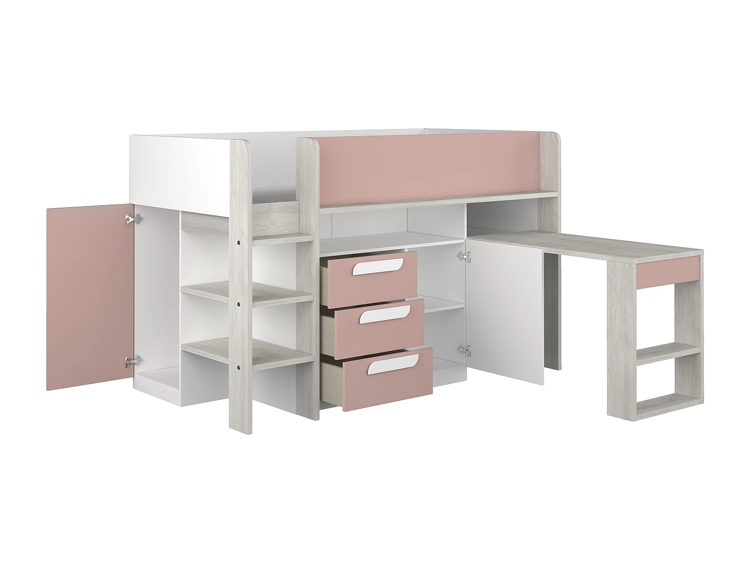 Cama 90 x 200 cm - Con escritorio y compartimentos - Rosa, natural y blanco LOUKALA