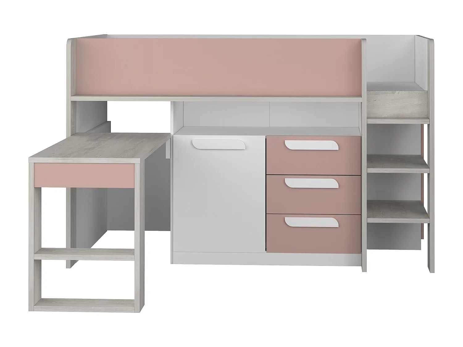 Cama 90 x 200 cm - Con escritorio y compartimentos - Rosa, natural y blanco LOUKALA