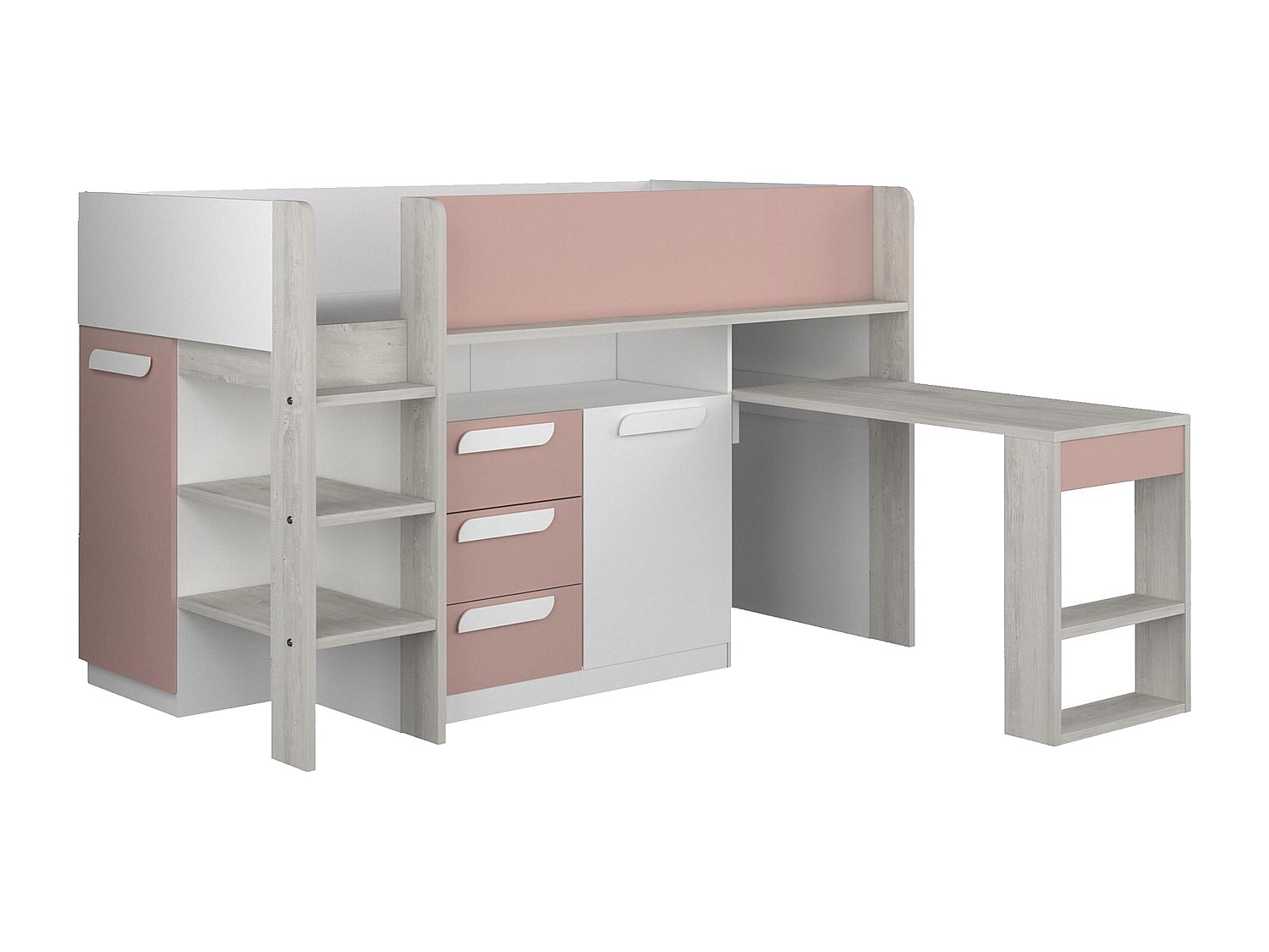 Hochbett mit Schreibtisch & Stauraum - 90 x 200 cm - Rosa, Naturfarben & We günstig online kaufen