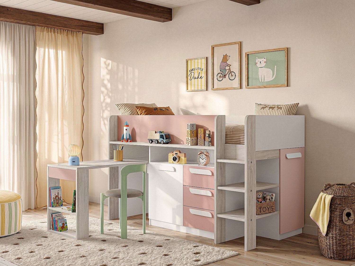 Hochbett mit Schreibtisch & Stauraum - 90 x 200 cm - Rosa, Naturfarben & Weiß - LOUKALA