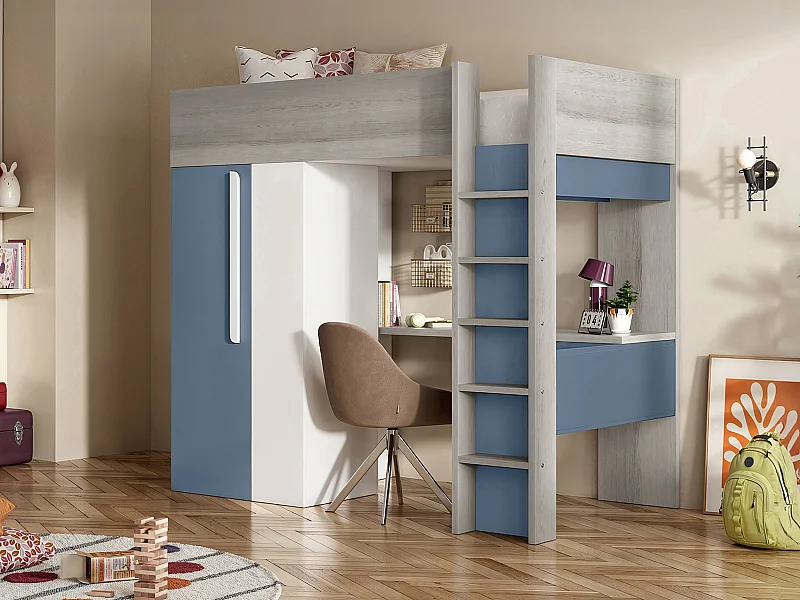 Lit mezzanine 90 x 200 cm avec armoire et bureau - Bleu et blanc - NICOLAS