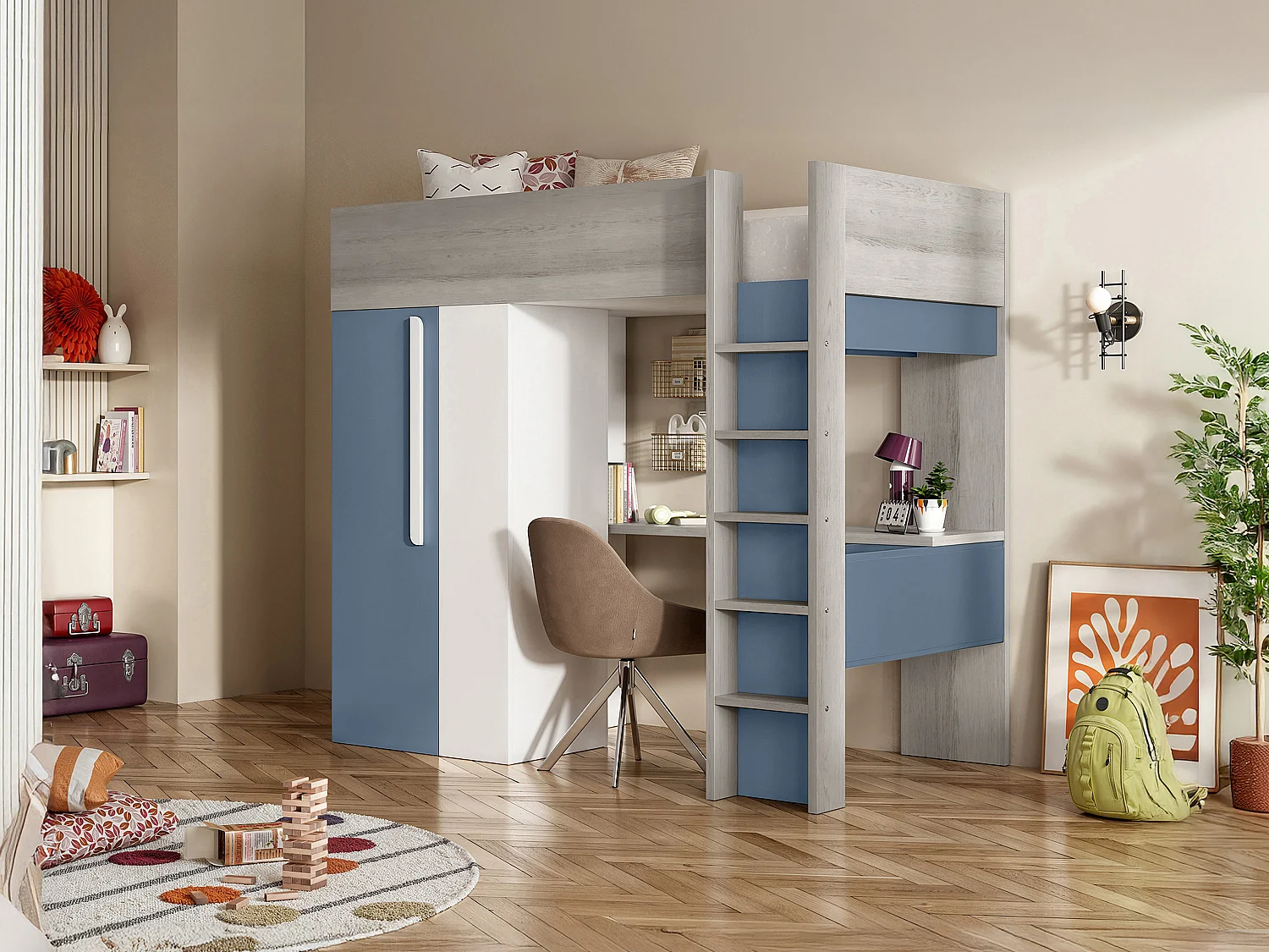Lit mezzanine 90 x 200 cm avec armoire et bureau - Bleu et blanc - NICOLAS