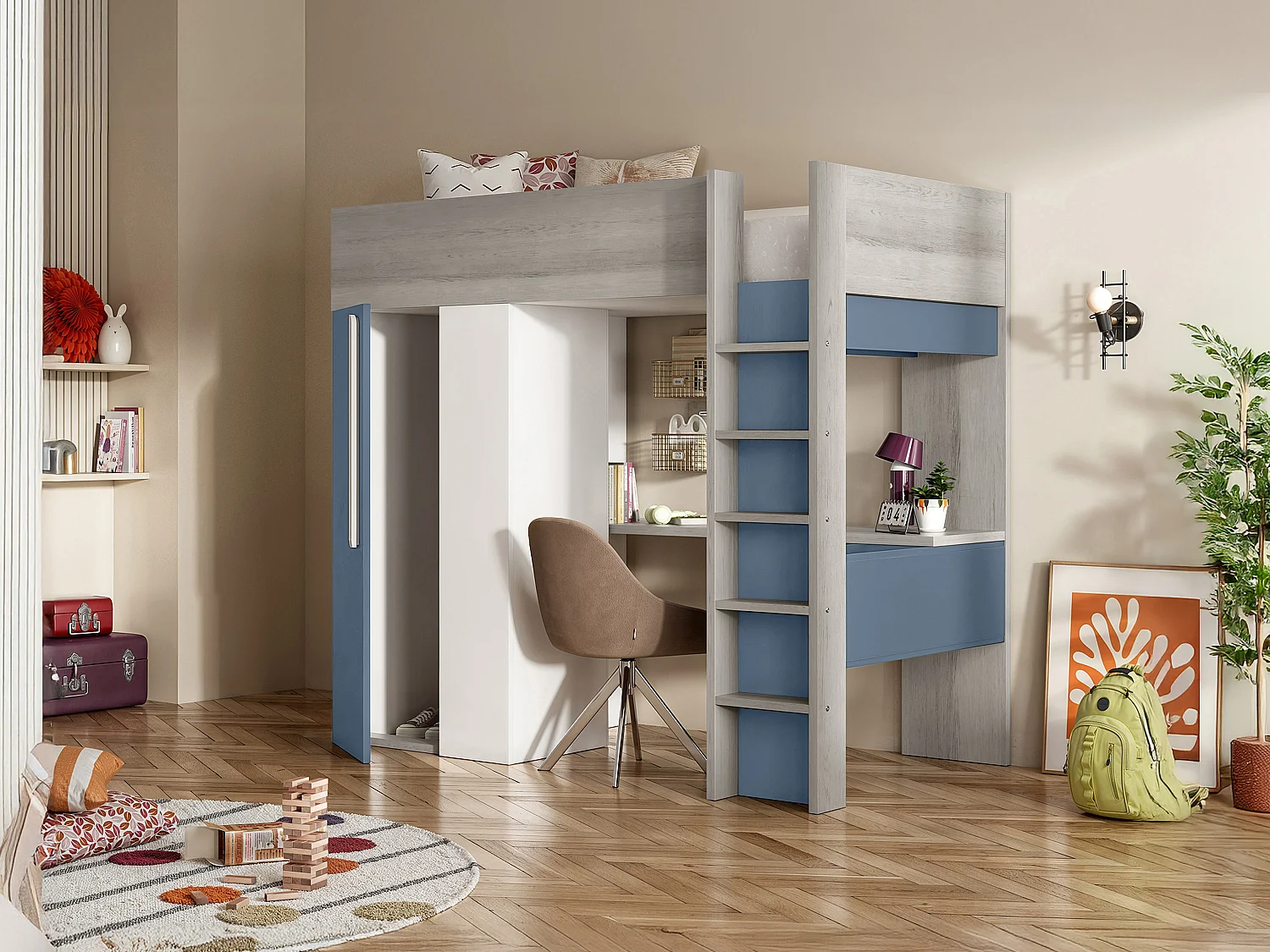 Mezzanine bed 90 x 200 cm met kleerkast en bureau - Blauw en wit - NICOLAS