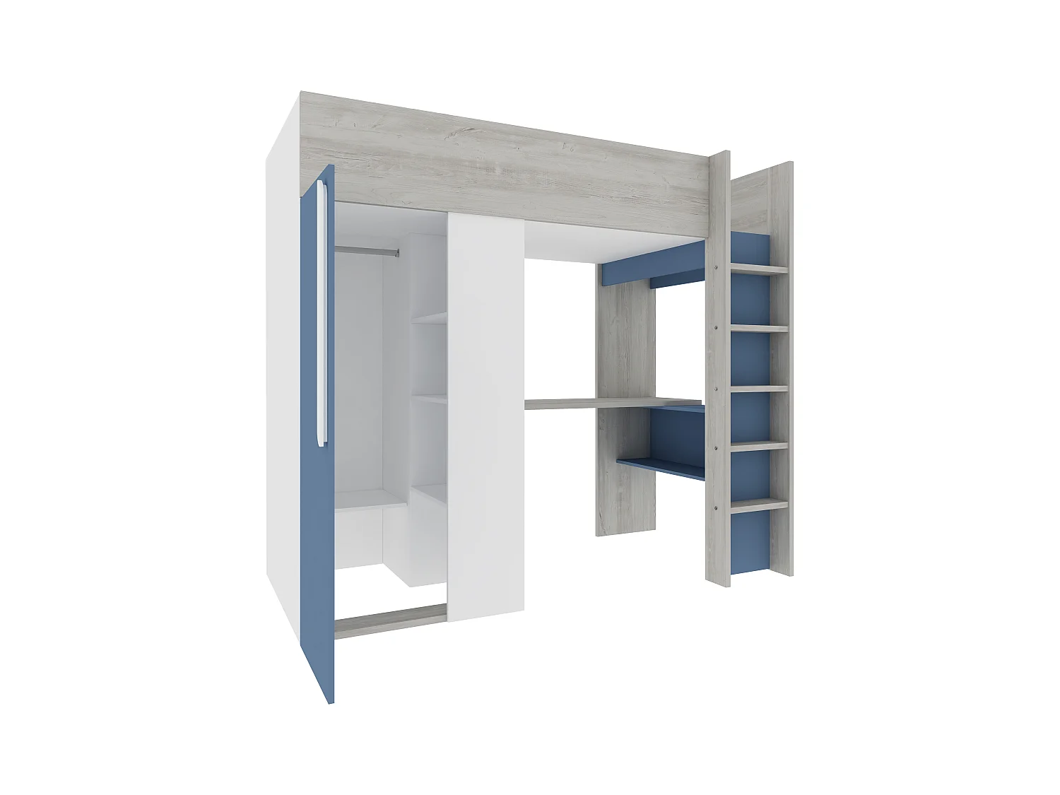 Mezzanine bed 90 x 200 cm met kleerkast en bureau - Blauw en wit - NICOLAS