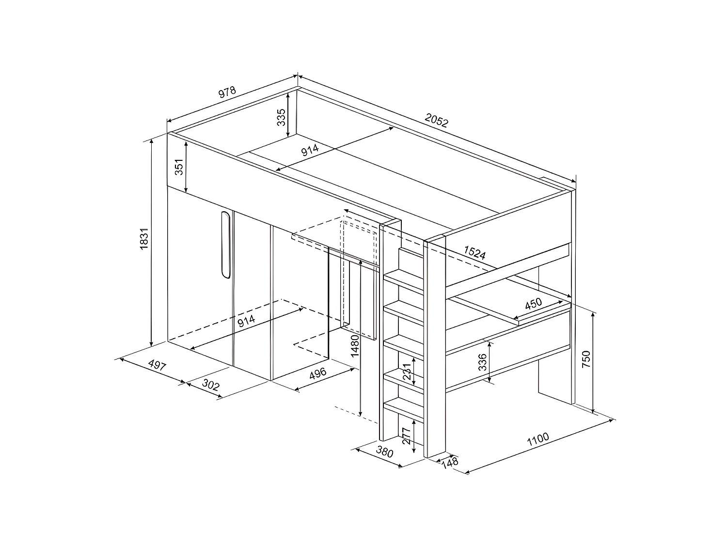 Loftsseng 90 x 200 cm med skap og skrivepult - Blå og hvit - NICOLAS