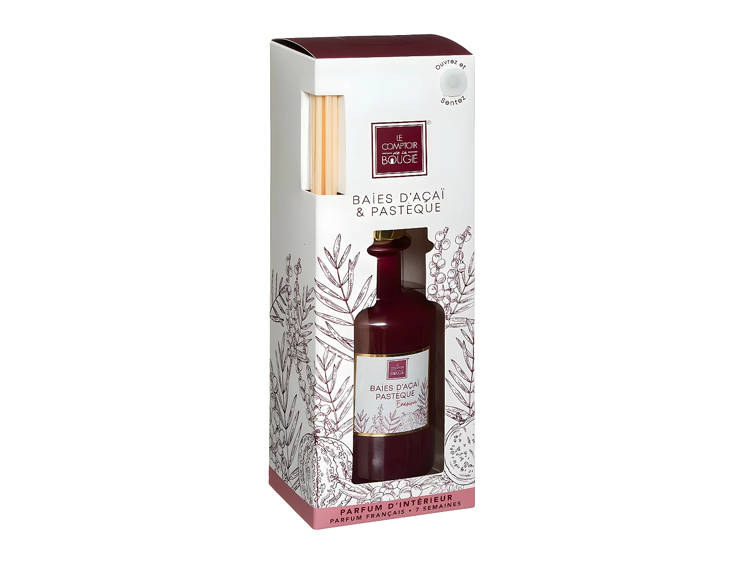 Diffuseur de parfum Baies d'Acai et Pastèque 200 ml avec 8 Bâtonnets en rotin