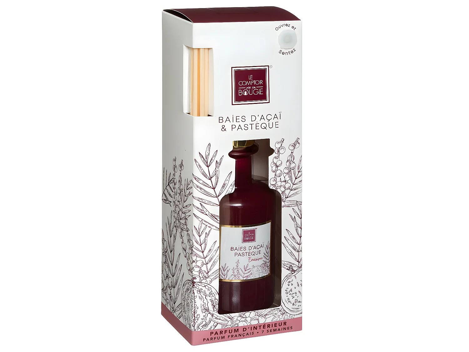 Diffuseur de parfum Baies d'Acai et Pastèque 200 ml avec 8 Bâtonnets en rotin