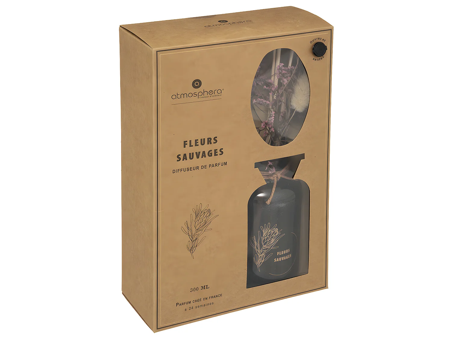 Diffuseur de parfum Fleurs sauvages 300 ml avec Bâtonnets et Fleurs séchées