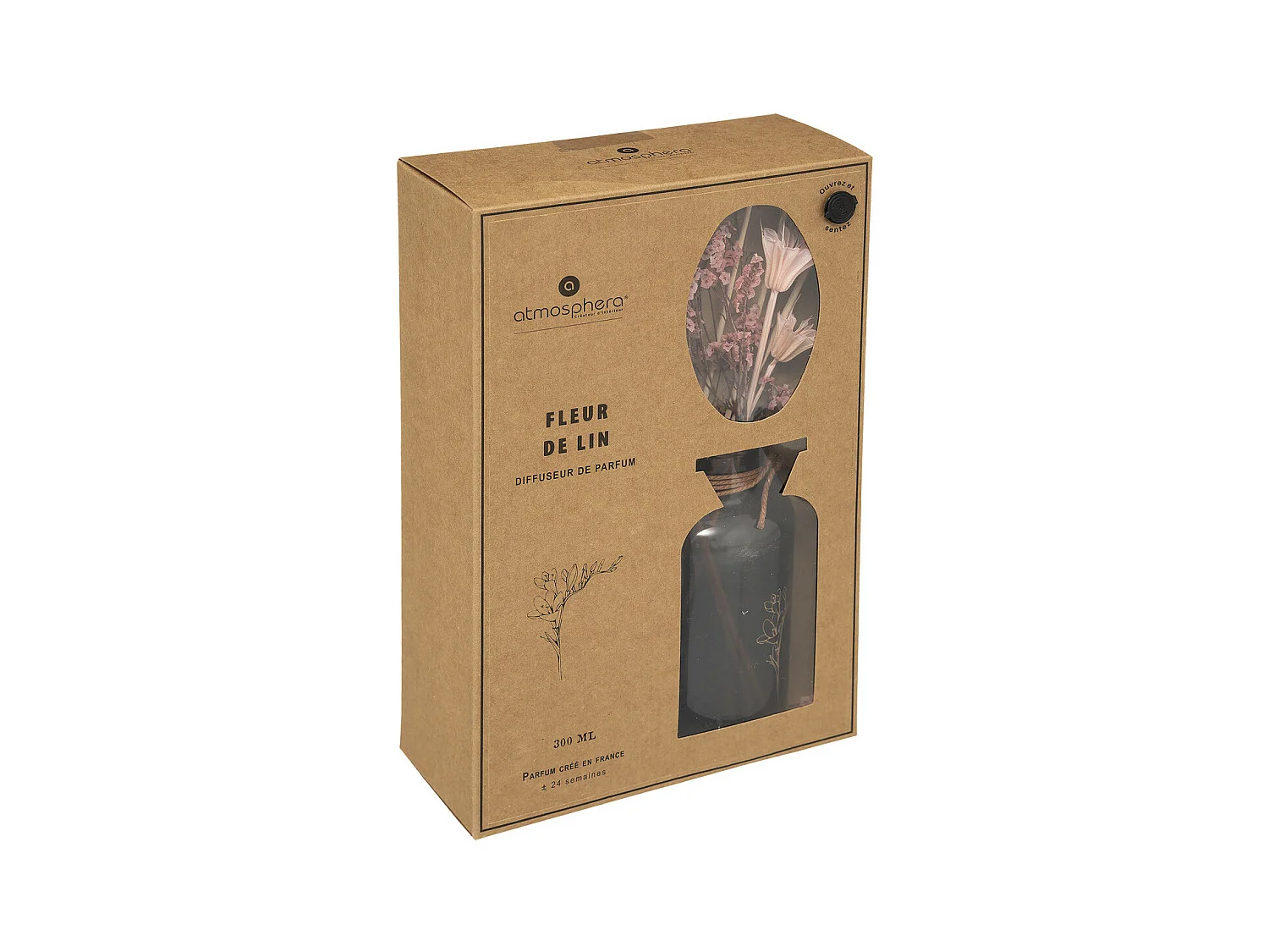 Diffuseur de parfum Fleur de lin 300 ml avec Bâtonnets et Fleurs séchées