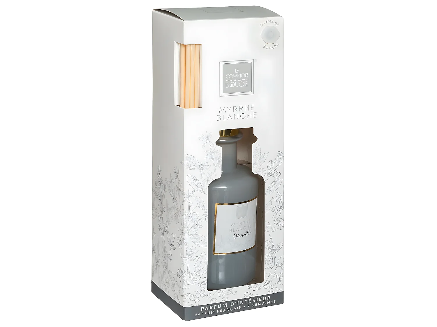 Diffuseur de parfum Myrrhe Blanche 200 ml avec 8 Bâtonnets en rotin
