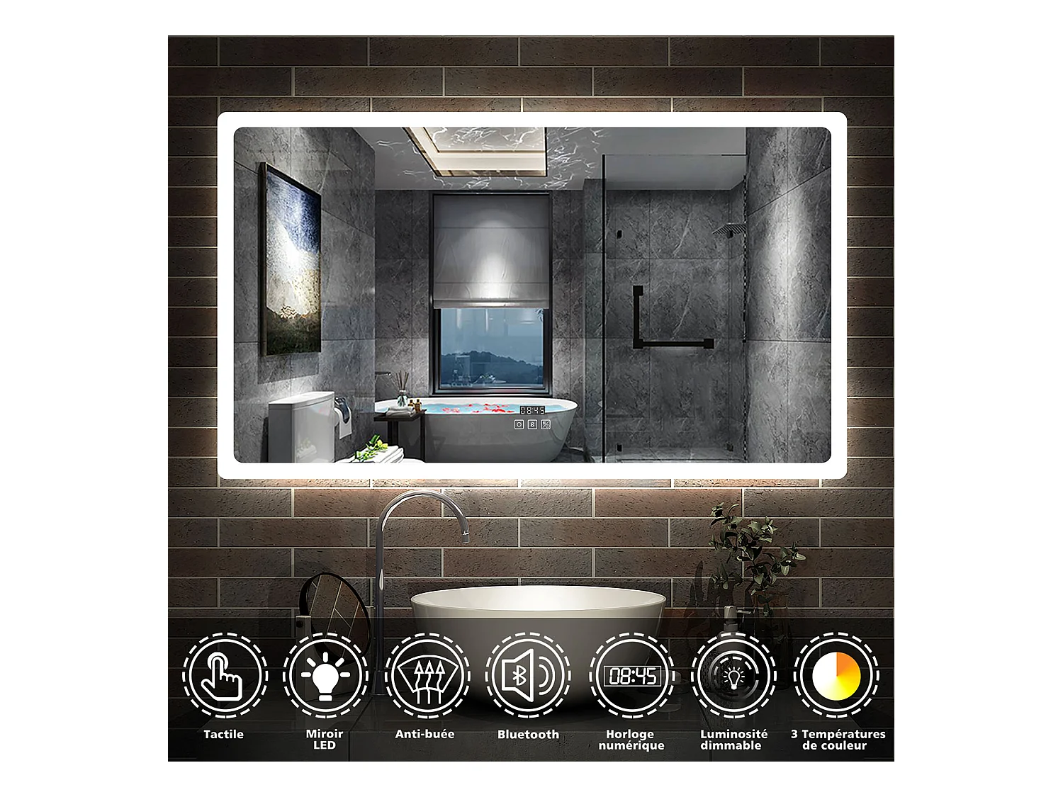 Miroir Salle de Bain avec Bluetooth 100x60cm, Anti-buée+3 Couleurs+Dimmable+Horloge Aica