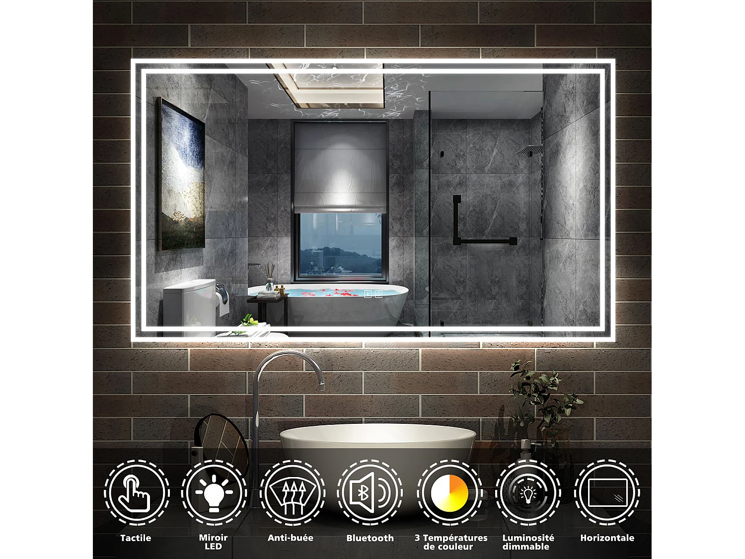 Miroir de salle de bain LED avec Bluetooth 60x80cm, antibuée + 3 couleurs + Dimmable Aica