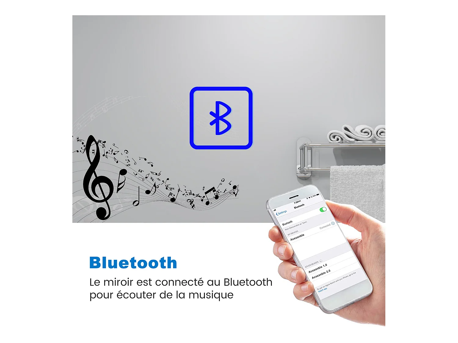 Miroir de salle de bain LED avec Bluetooth 160x80cm, antibuée + 3 couleurs + Dimmable Aica