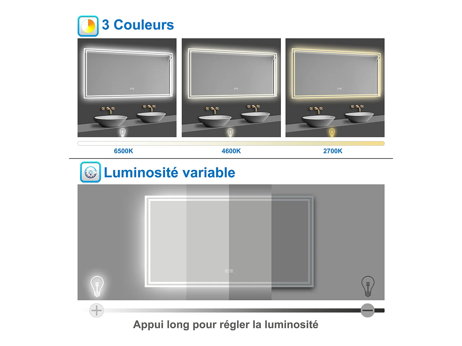 Miroir de salle de bain LED avec Bluetooth 160x80cm, antibuée + 3 couleurs + Dimmable Aica