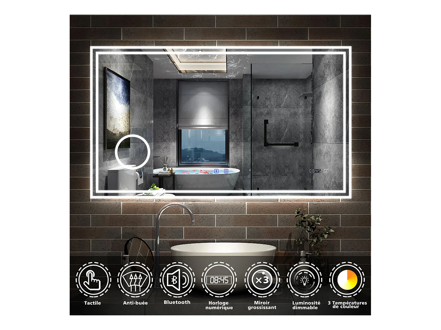 Miroir Salle de Bain LED 120x70cm avec Bluetooth, Horloge, 3 Couleurs, Grossissant 3x Aica