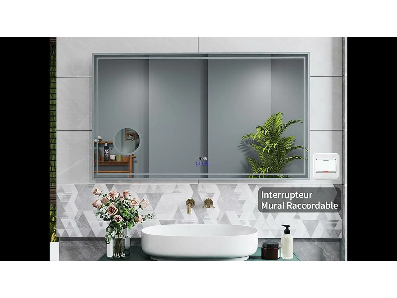 Miroir Salle de Bain LED 120x70cm avec Bluetooth, Horloge, 3 Couleurs, Grossissant 3x Aica