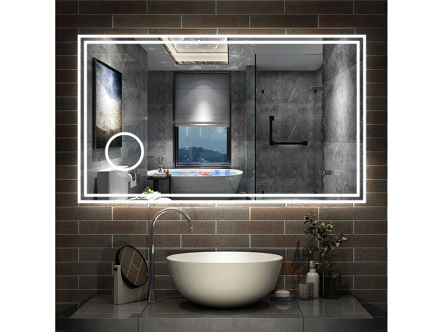 Miroir Salle de Bain LED 160x80cm avec Bluetooth, Horloge, 3 Couleurs, Grossissant 3x Aica