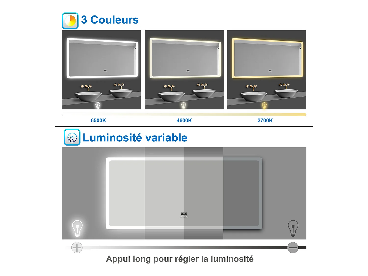 Miroir Salle de Bain avec Bluetooth 140x80cm, Anti-buée+3 Couleurs+Dimmable+Horloge Aica